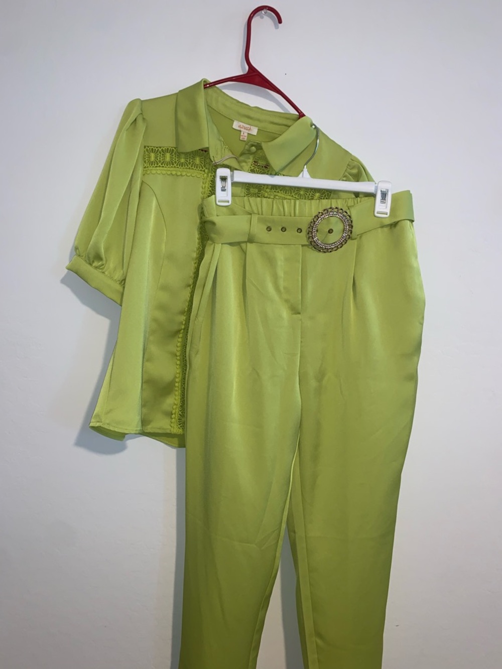 Women's Lime Green Three-Piece Pant Set with Belt - Picture 2 of 13